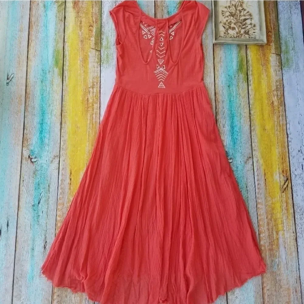 Free People Toosaloosa Meadow Orange Embroidered Open Back Boho Midi Dress Small